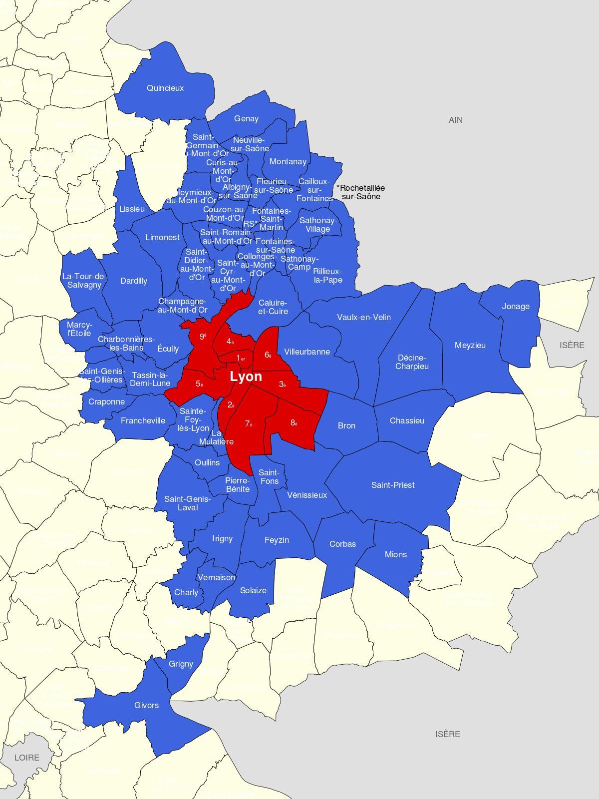 mapu Lyon predmestí 